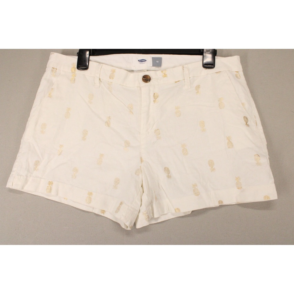 Old Navy Shorts Pineapple Print Womens 10 White Linen Blend Coastal Preppy Boho